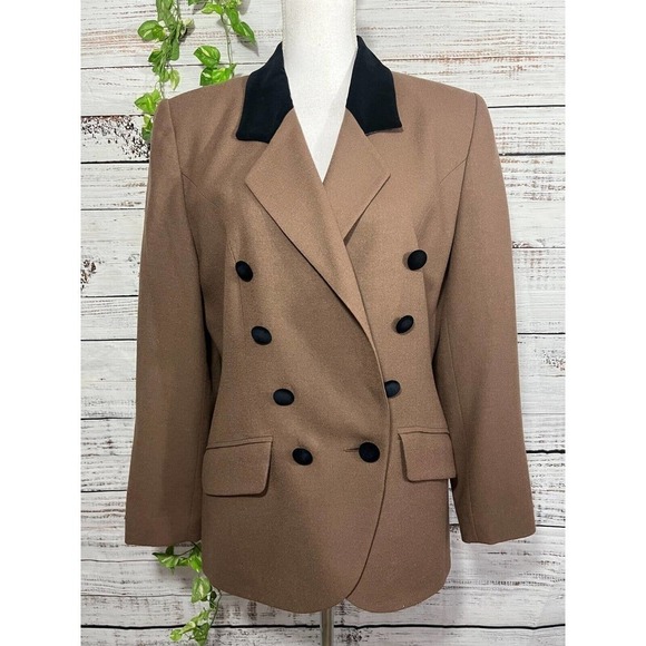 Valerie Stevens Vintage Jacket Blazer size 8 Brown Wool Black Velvet 90's Y2K - Picture 1 of 14